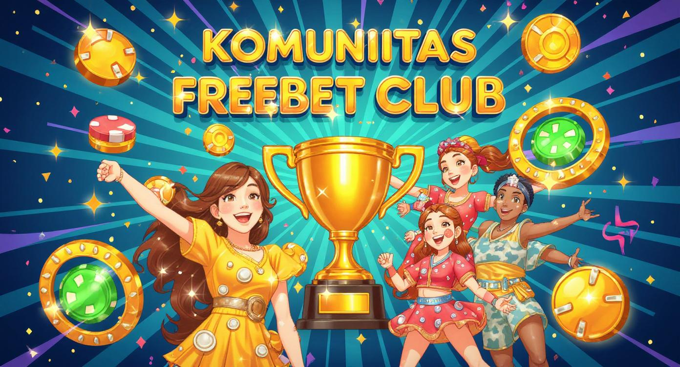 Komunitas Freebet Club - Bergabung dengan Winner Sejati Indonesia Gambar komunitas Freebet Club Indonesia dengan trofi emas, karakter pemain gembira, chip kasino hijau dan emas, serta efek cahaya kemenangan pada background biru